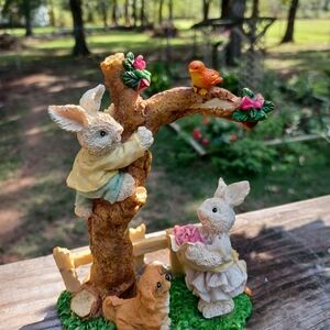 Source Unknown Woodland Bunny and Bird Figurine - Brown, Green, Yellow, Orange